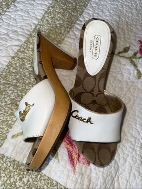 Coach White Leather & Brown Signature Canvas Heel Mules